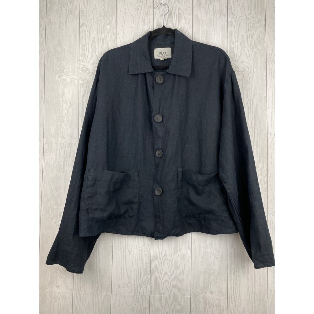 FLAX by Jeanne Engelhart 100% Linen Chore Lagenlook Oversized Black Jacket Sz S